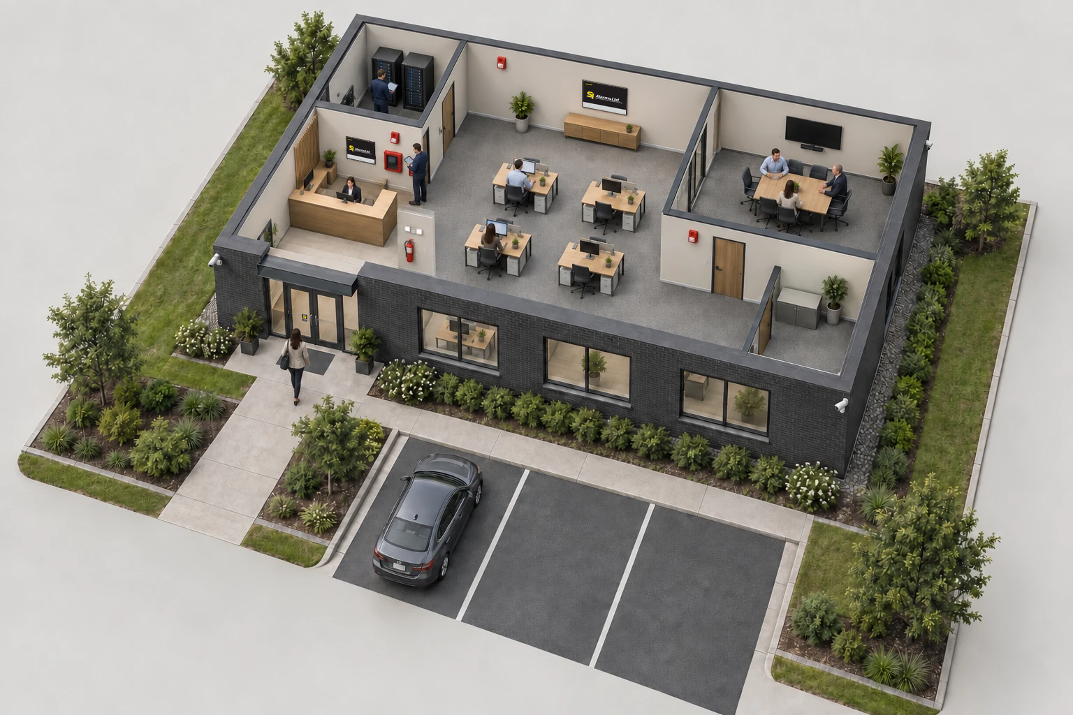 Aerial view of people around an office building with the main entrance, reception, workspaces and connected infrastructure