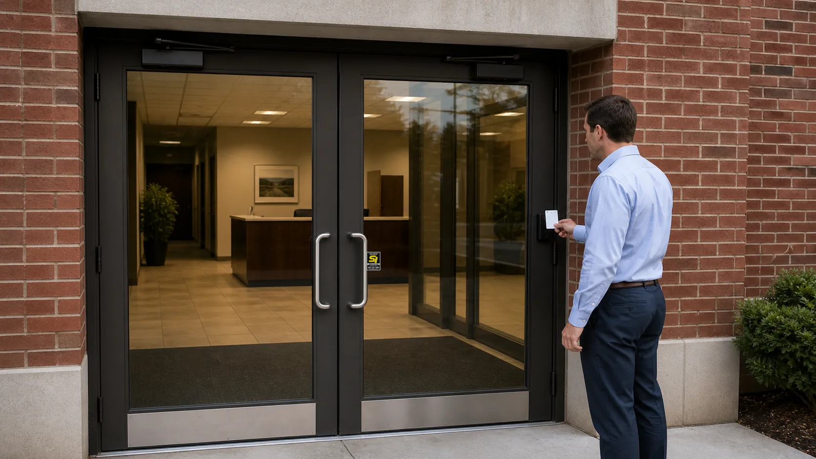 Office employee presenting an access card at a reader beside a commercial entrance