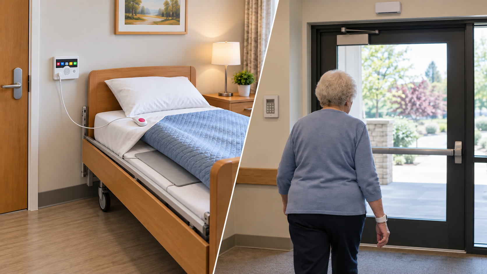 Care bed and nurse call equipment beside a diagonal view of a resident approaching a monitored exit