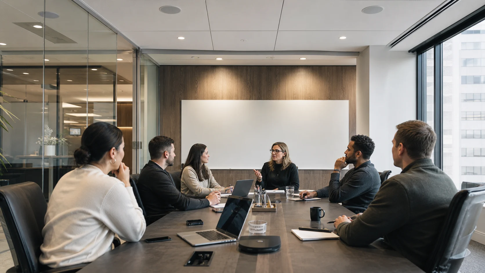 Adults in a commercial meeting with ceiling speakers visible in the meeting room