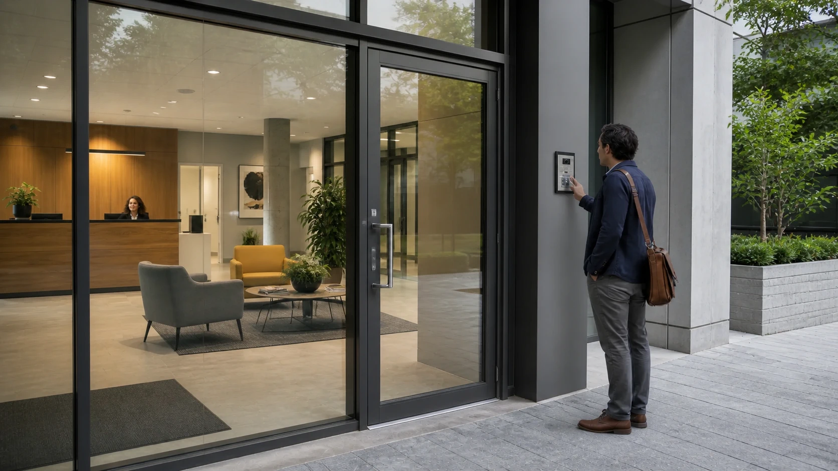 Visitor using an exterior video intercom beside a commercial entrance