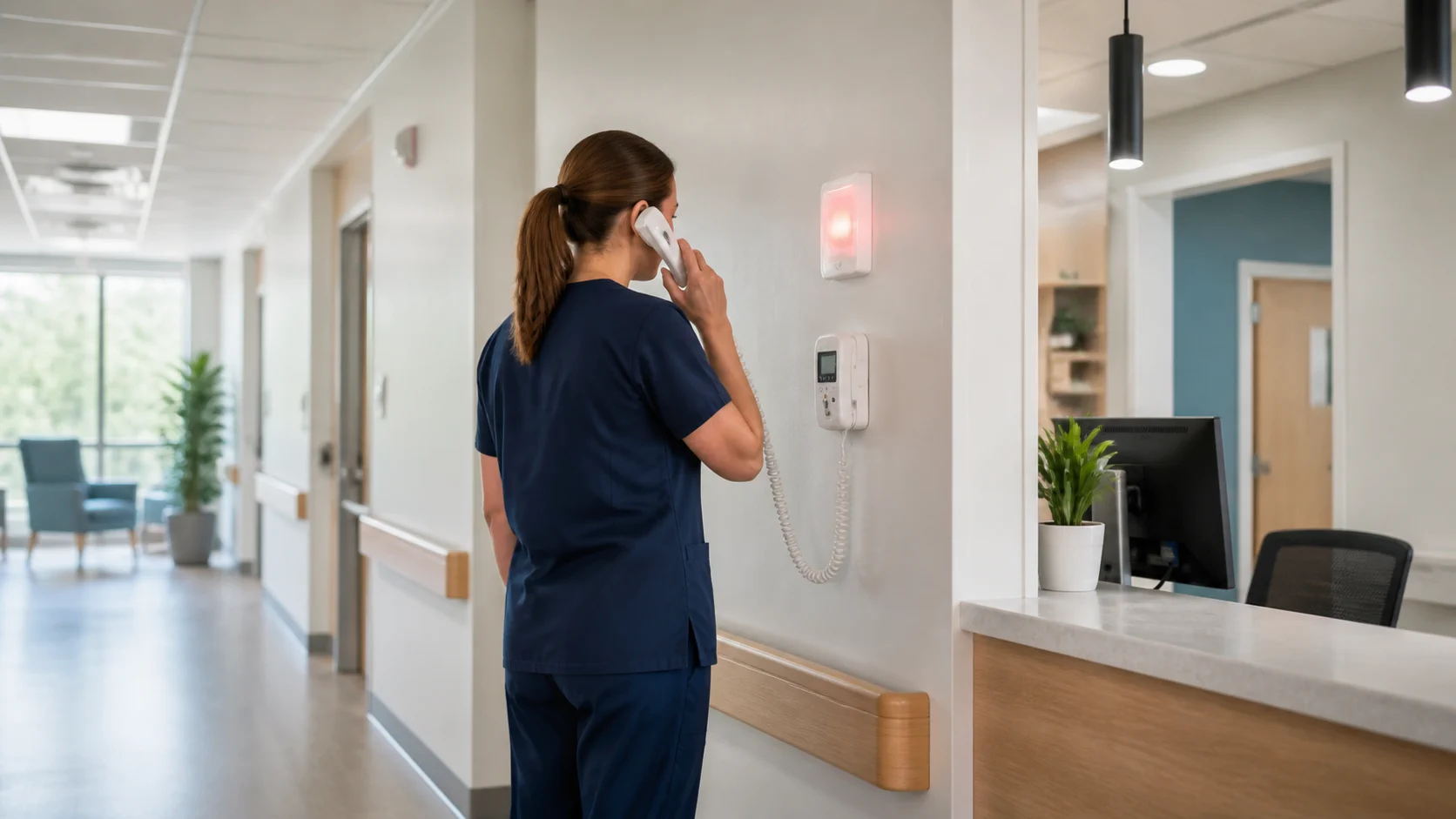 Care staff member responding to a wall call handset beside a public healthcare staff station
