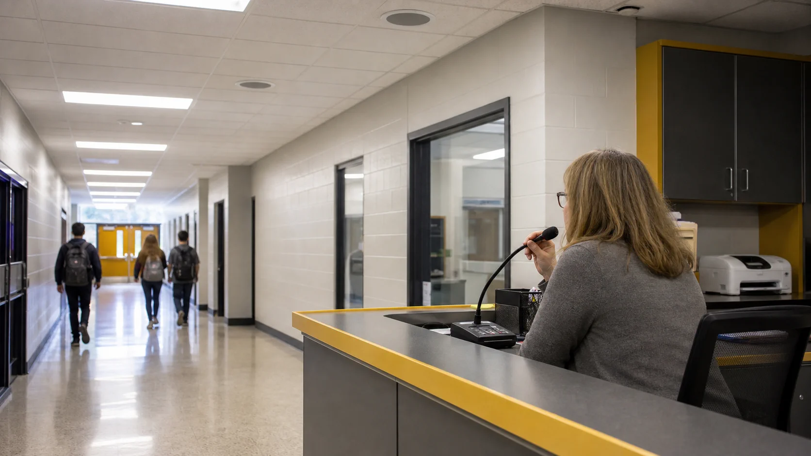 School office staff member making a routine paging announcement as students move through a public corridor