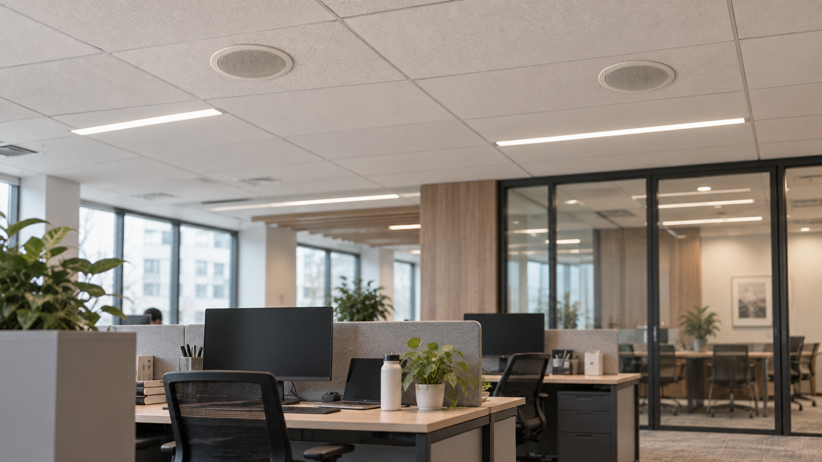 Sound masking emitters integrated into an open office ceiling