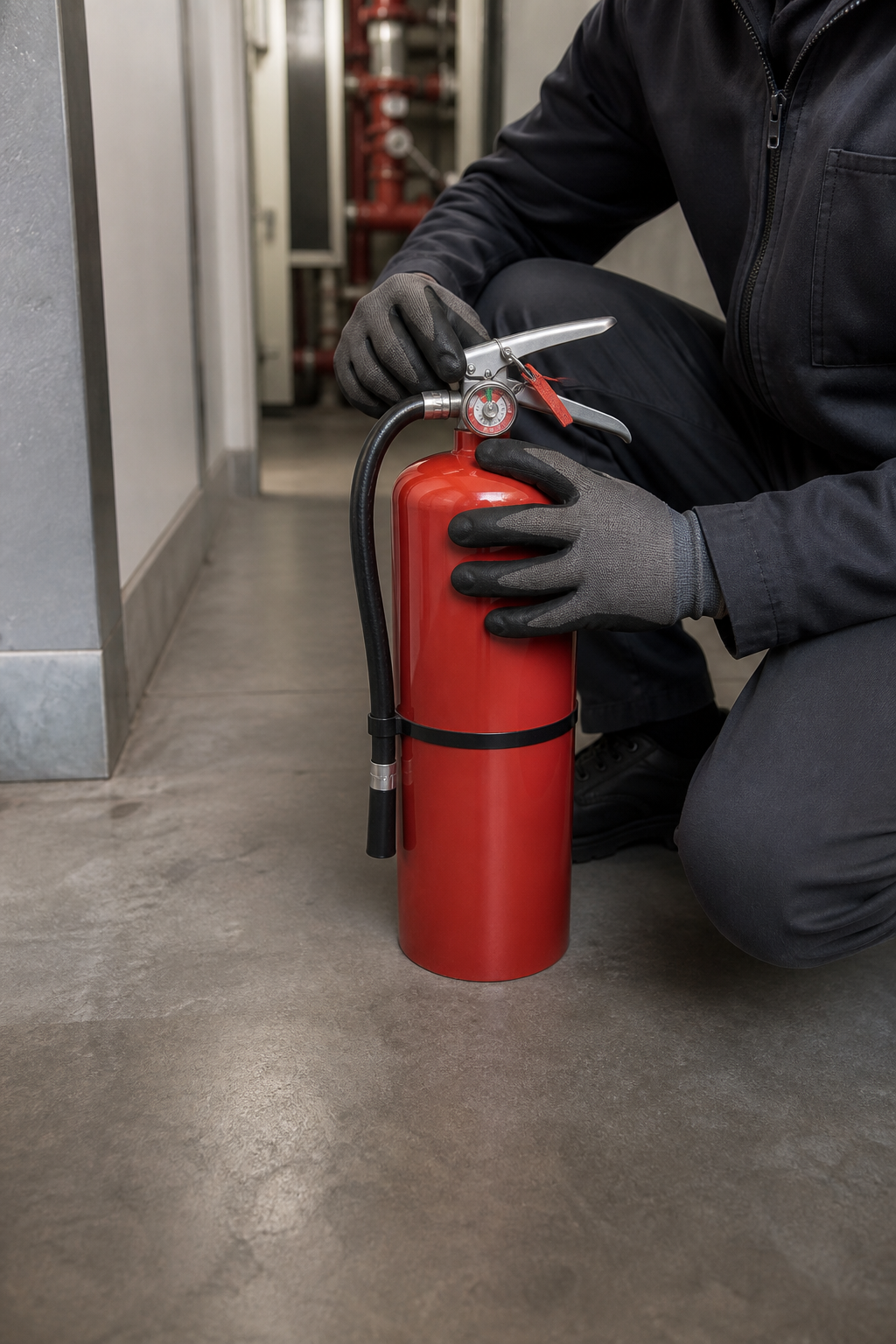 Technician hands checking the pressure gauge and hose on a portable fire extinguisher