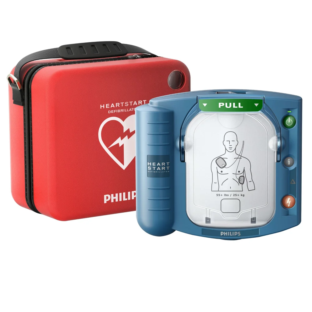 Philips HeartStart AED with red carrying case