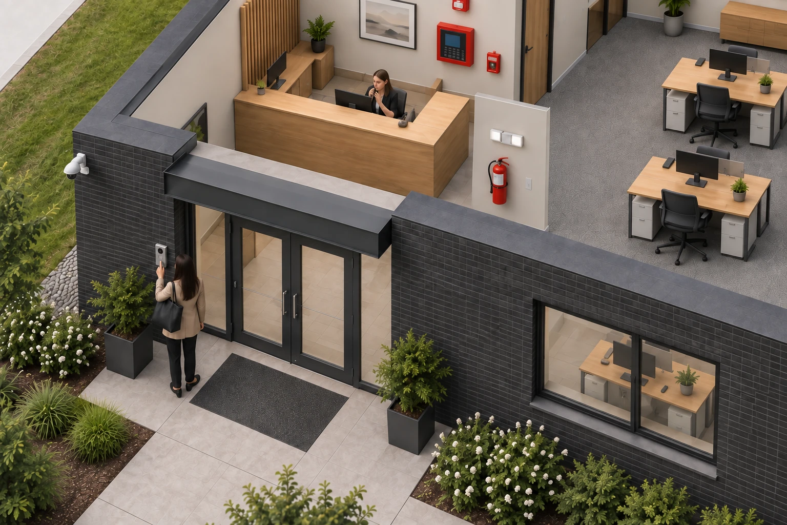 Single visitor at a shared office entrance terminal with staff credential access and a receptionist at reception