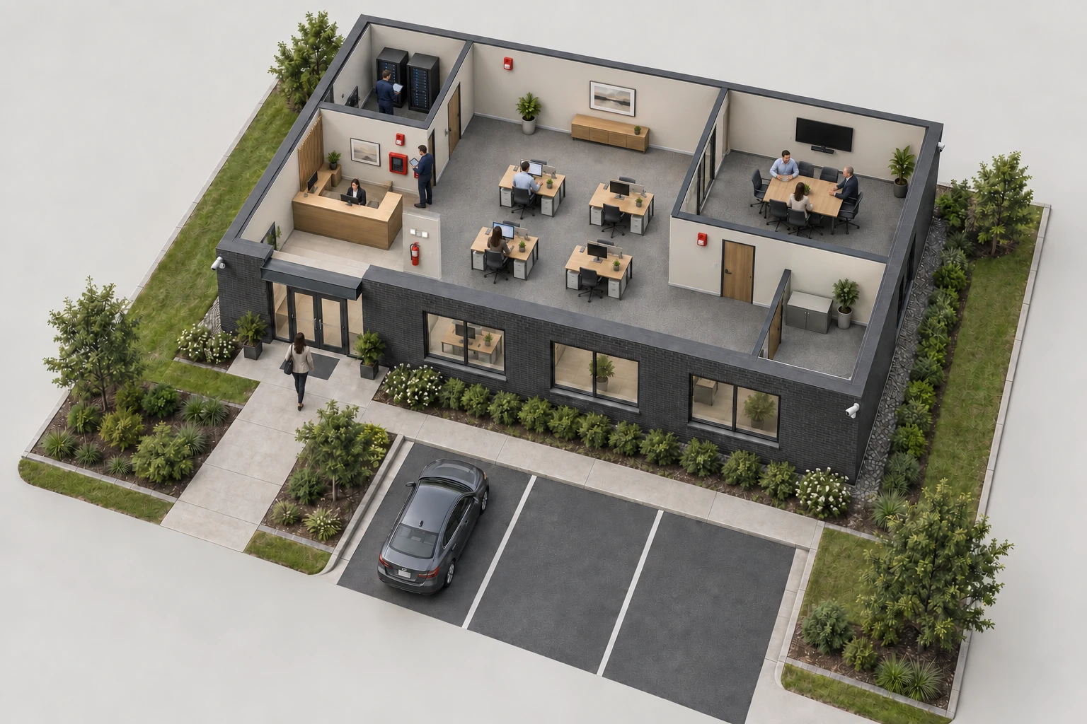 Aerial view of people around an office building with the main entrance, reception, workspaces and connected infrastructure
