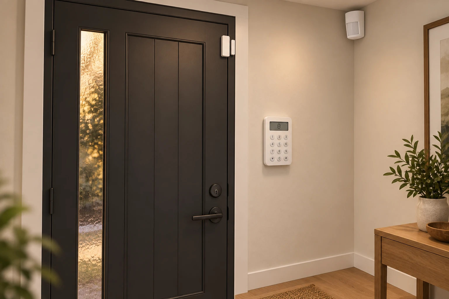 Residential entrance with an alarm keypad, door contact and motion detector