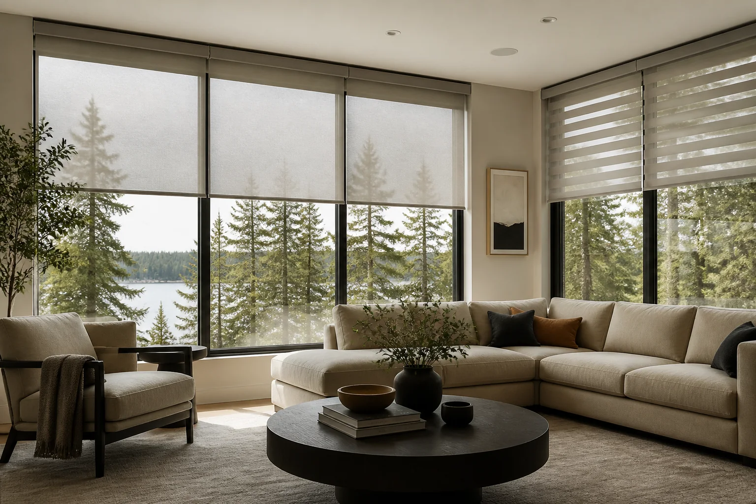 Motorized blinds and window coverings in a bright home