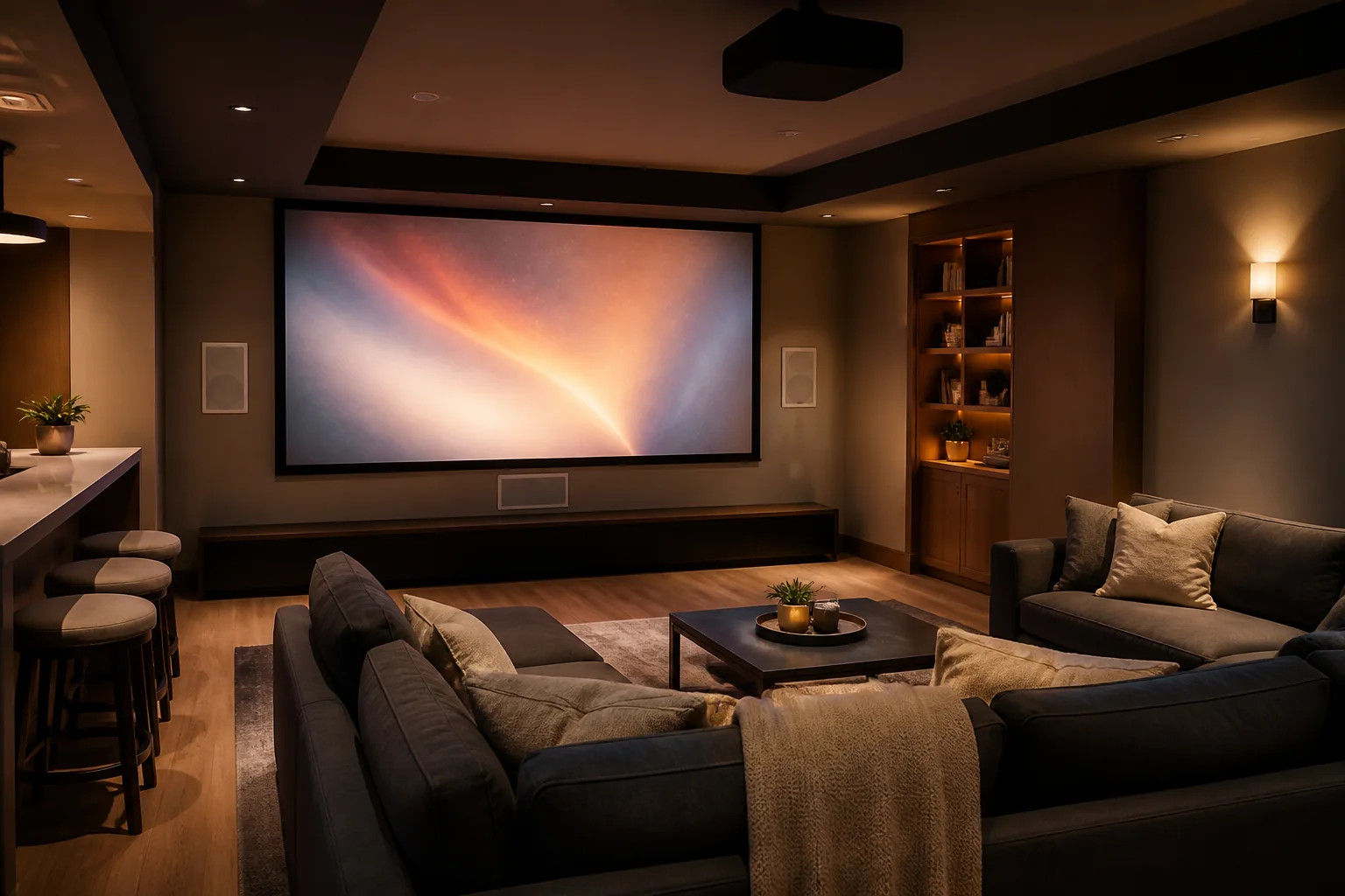 Home theatre with a large display and room audio
