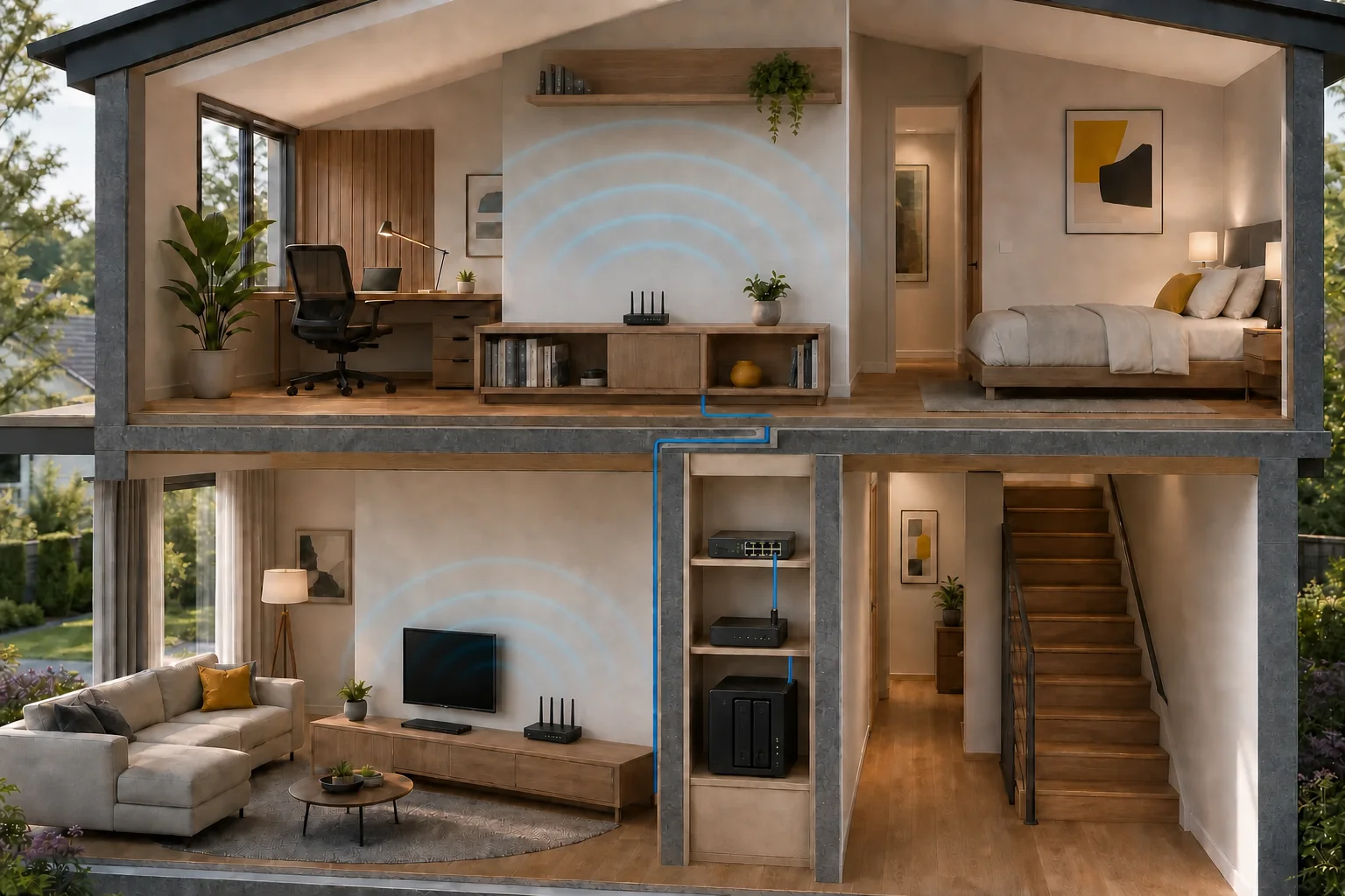Two-storey home cutaway with traditional Wi-Fi routers on each floor and central network storage