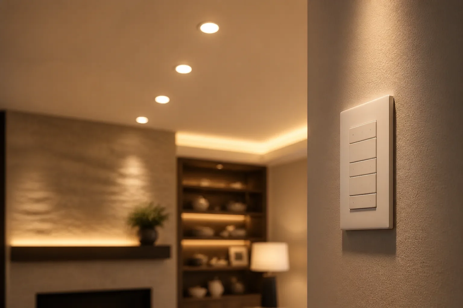 Close view of a lighting scene keypad and layered residential lighting