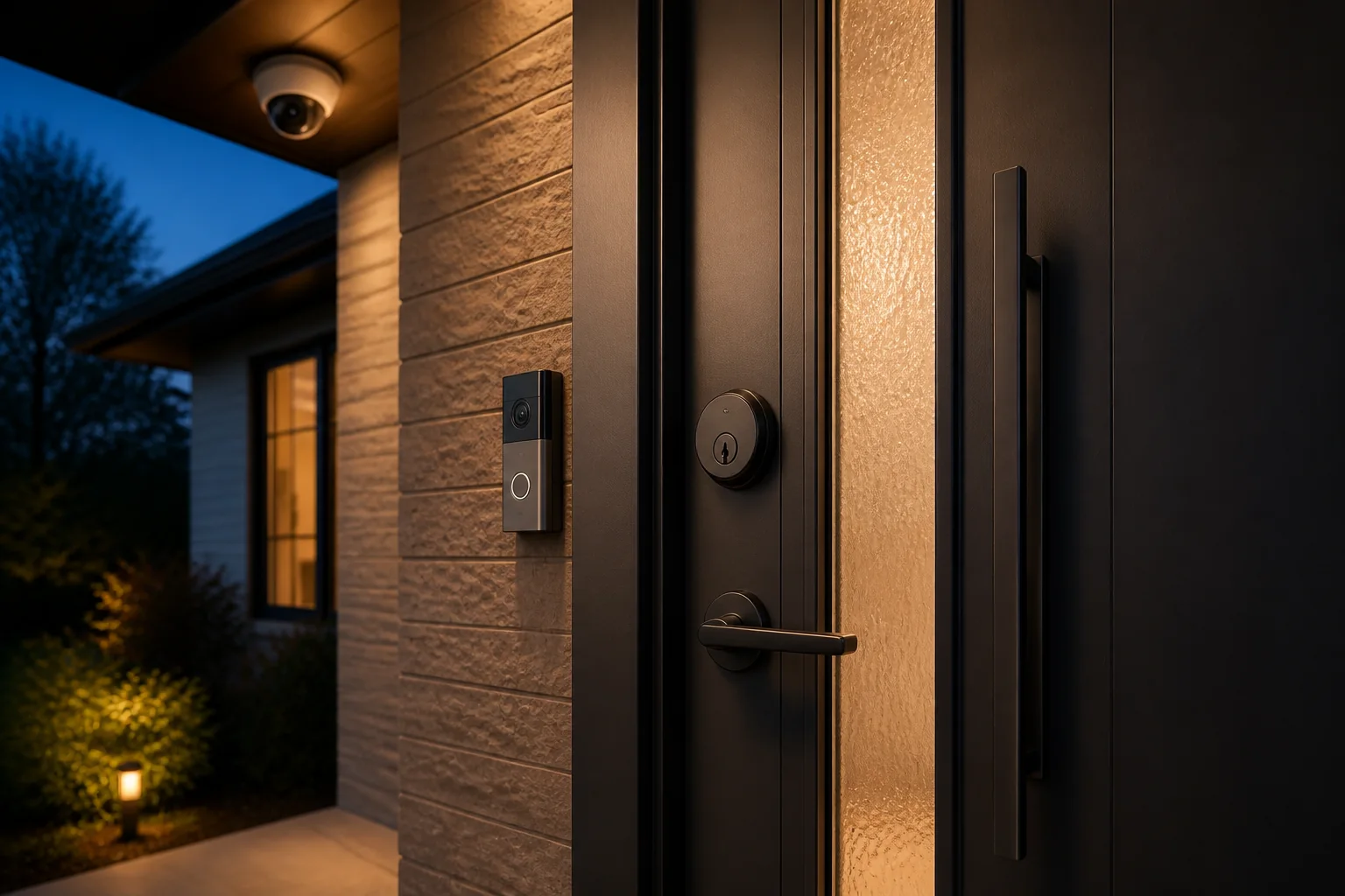 Smart lock, video doorbell and exterior security camera at a residential entry