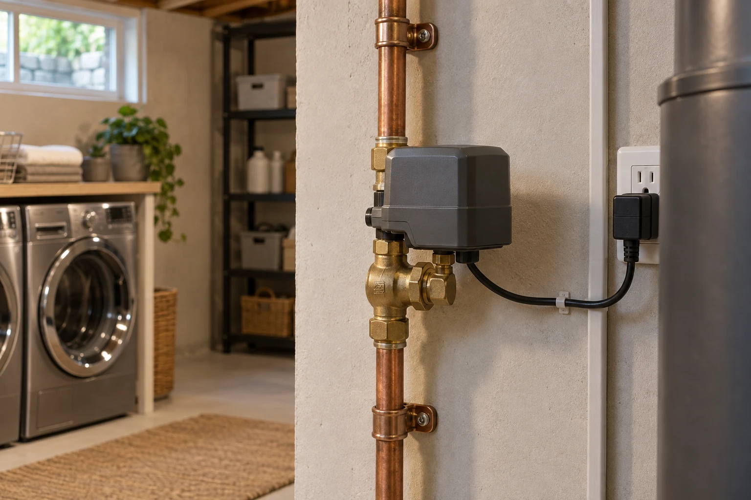Motorized water shutoff valve mounted on copper piping in a residential utility room