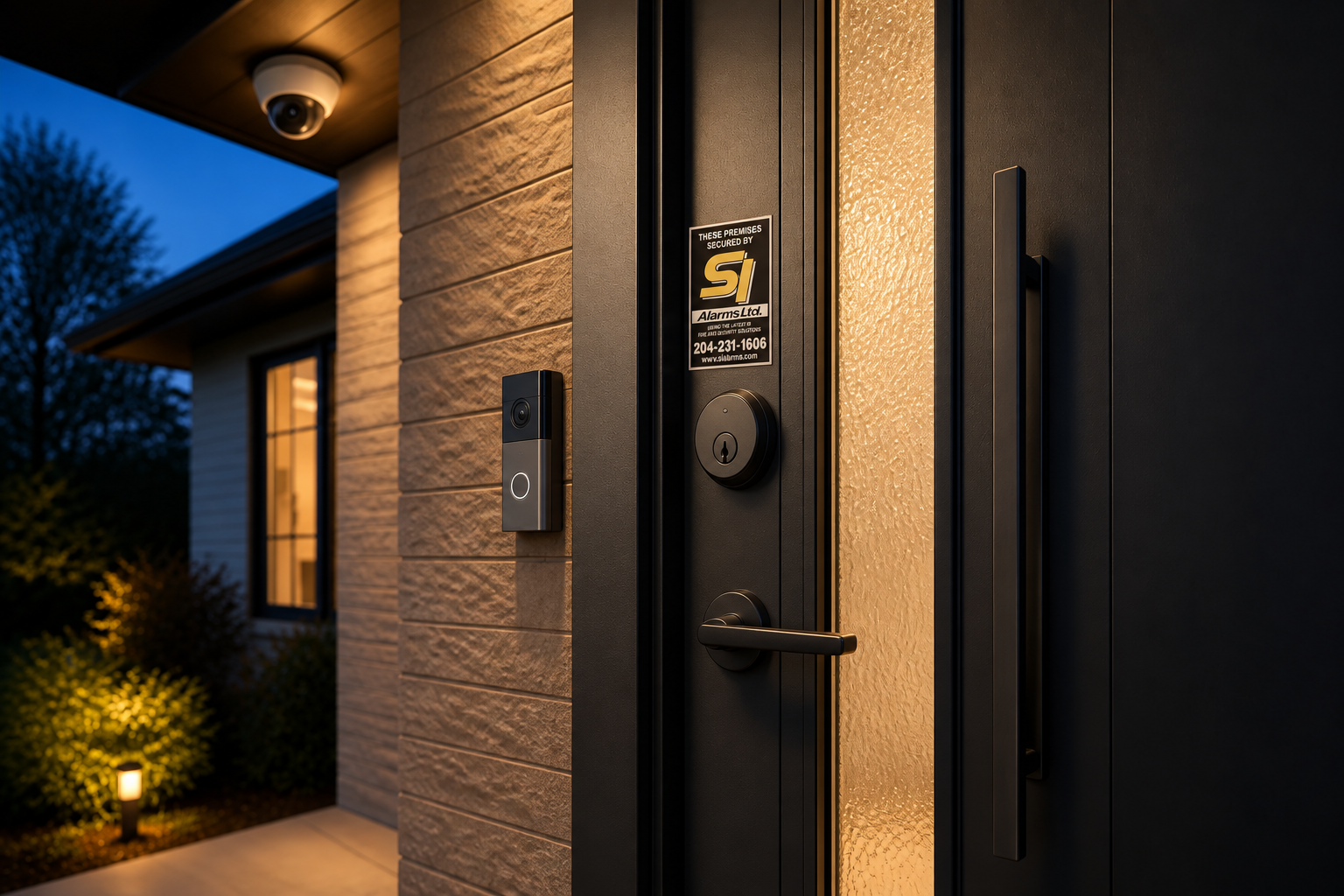 Smart lock, video doorbell and exterior security camera at a residential entry