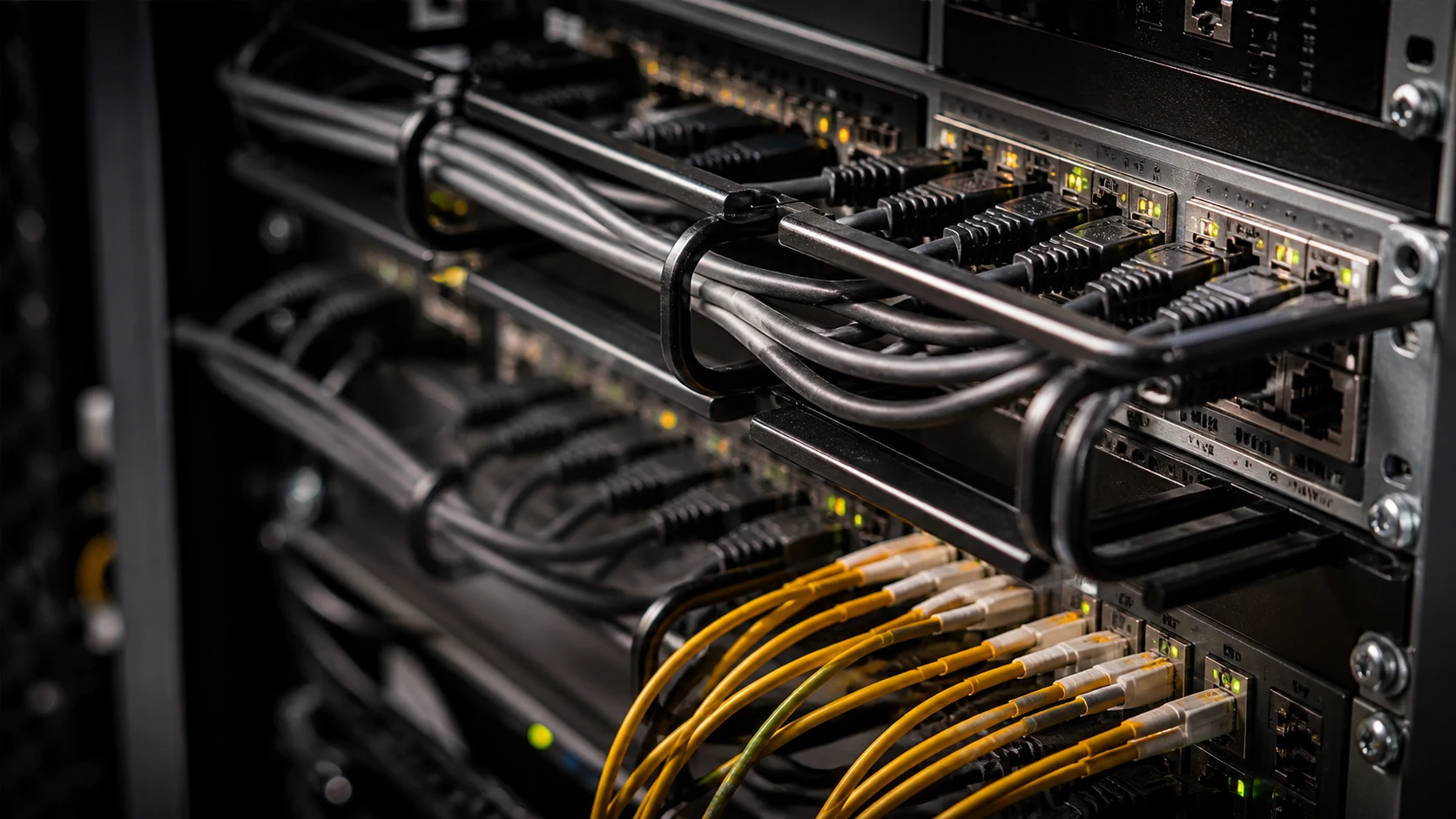 Close-up of organized network and fibre connections in a communications rack