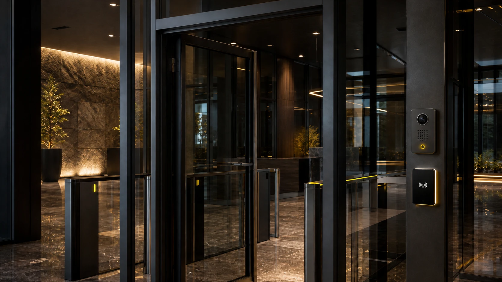 Access-controlled commercial entry with intercom, card reader and security turnstiles