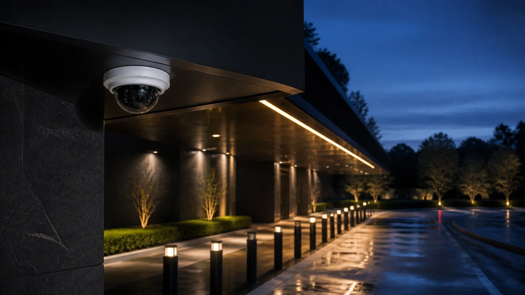Commercial security camera mounted under an exterior entrance canopy at dusk