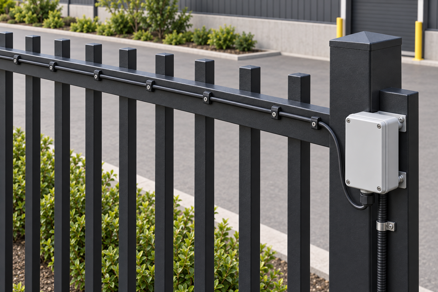 Sensing cable mounted to a metal perimeter fence