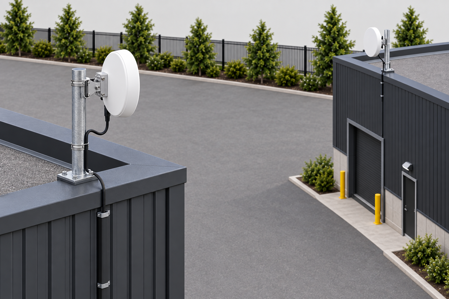 Directional wireless units linking two industrial buildings