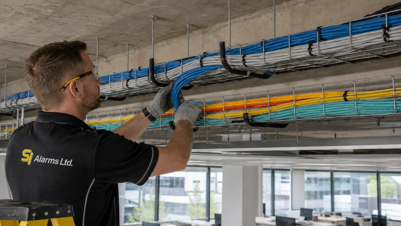 Technician in SI Alarms workwear routing copper and fibre cables through a commercial cable tray