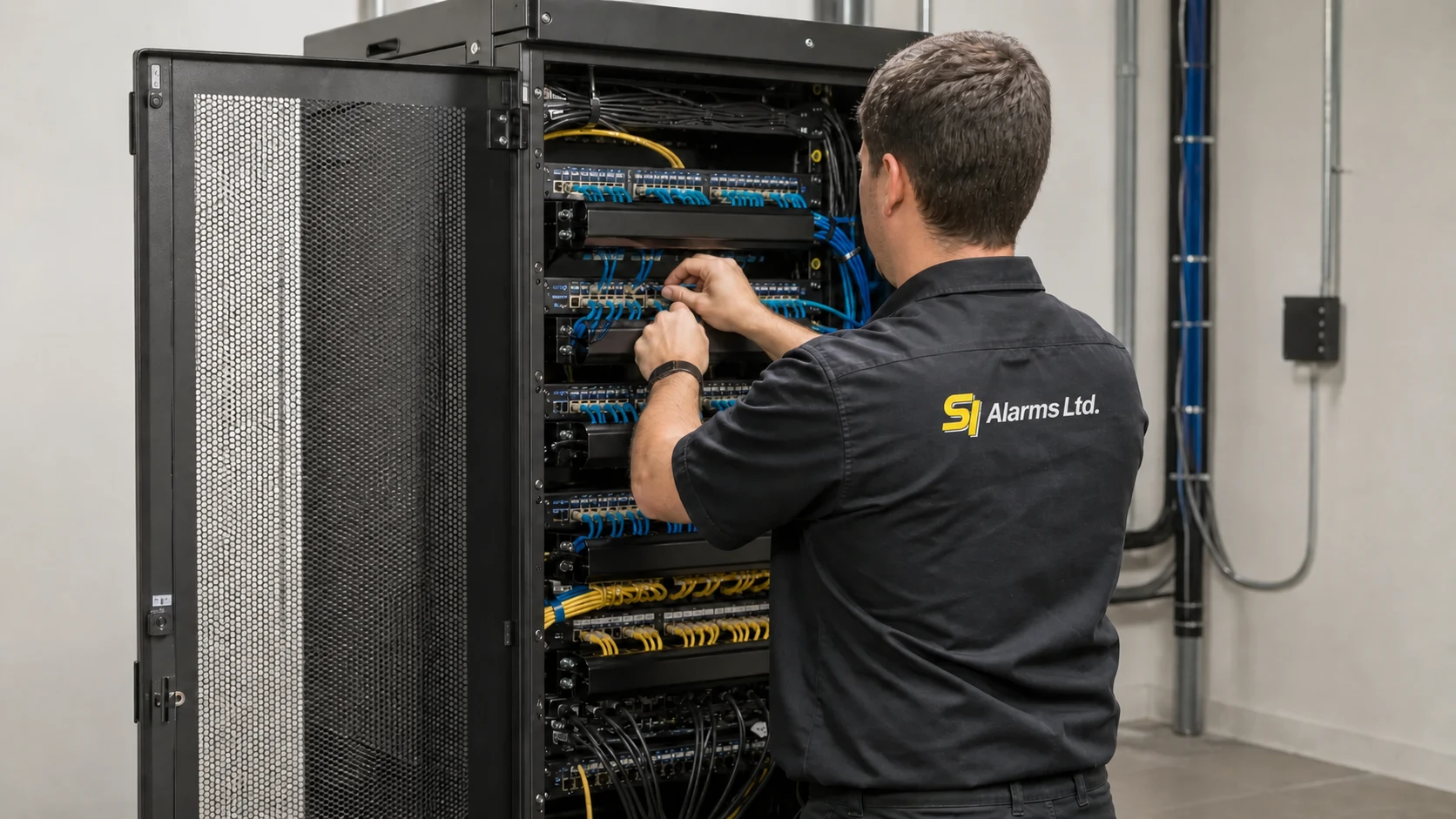 Technician organizing a network rack with patch cables