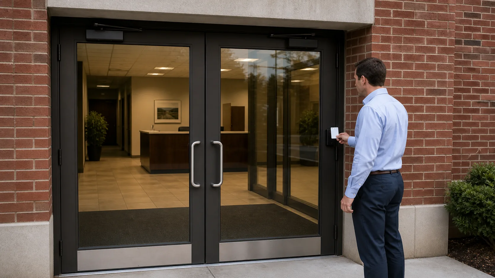 Office employee presenting an access card at a reader beside a commercial entrance