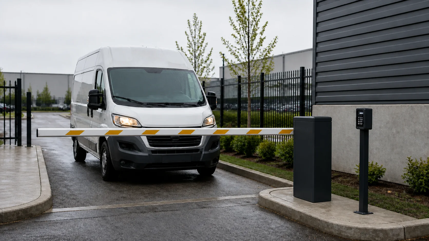 Commercial vehicle waiting at a controlled barrier beside an access keypad