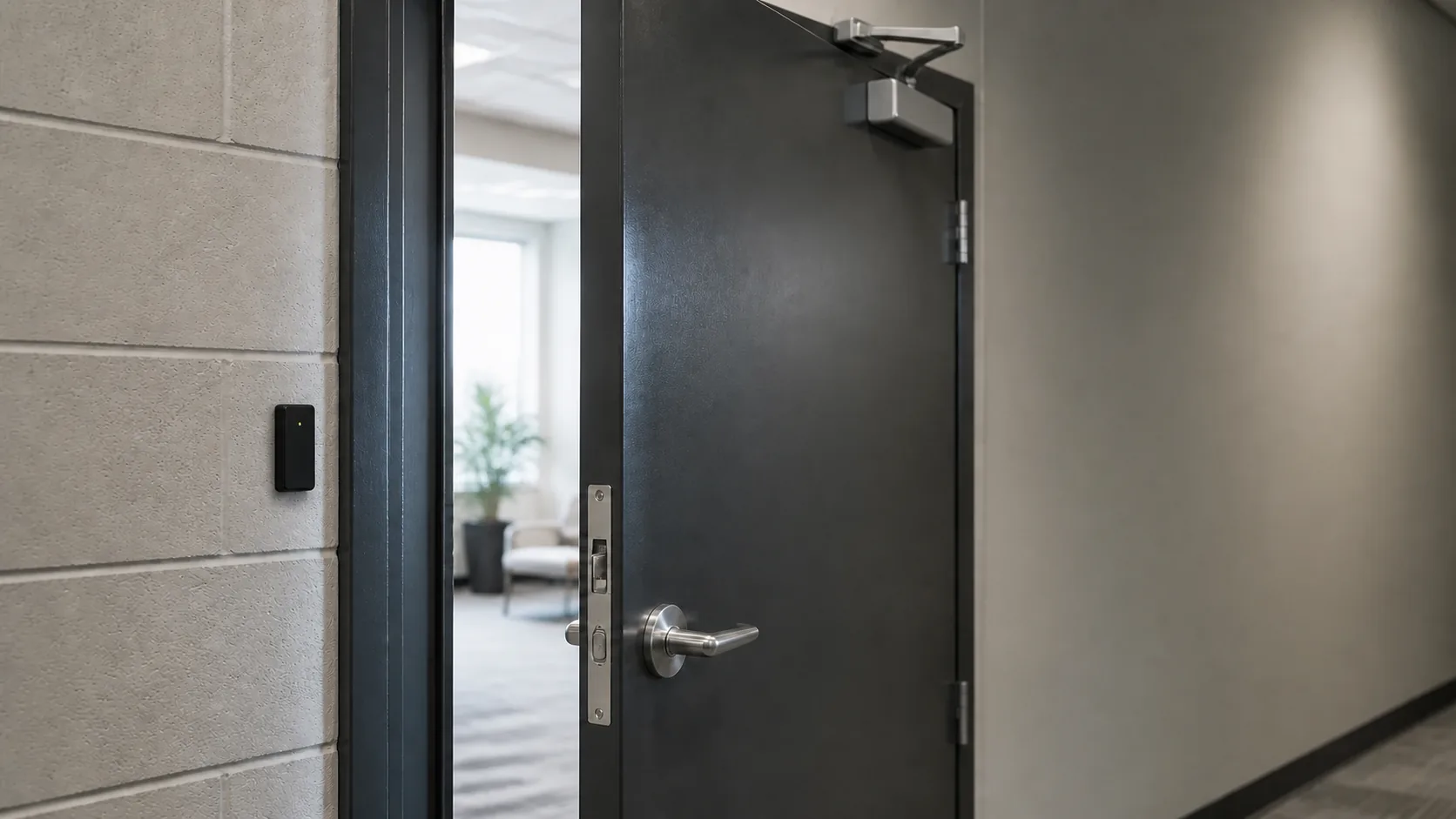 Open commercial door with a mortise lock and an access reader beside the frame