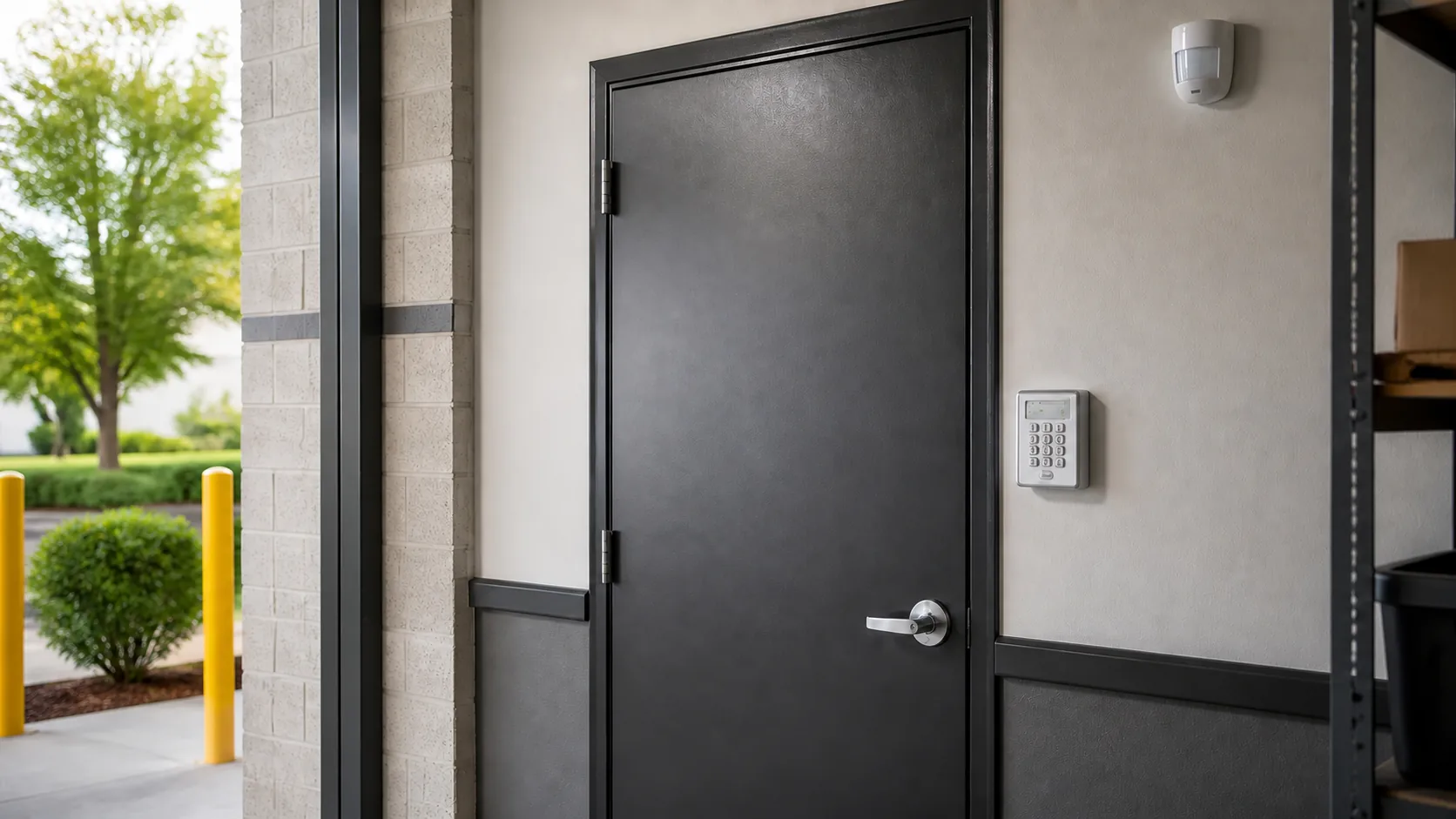 Commercial side entrance with an intrusion alarm keypad and motion detector