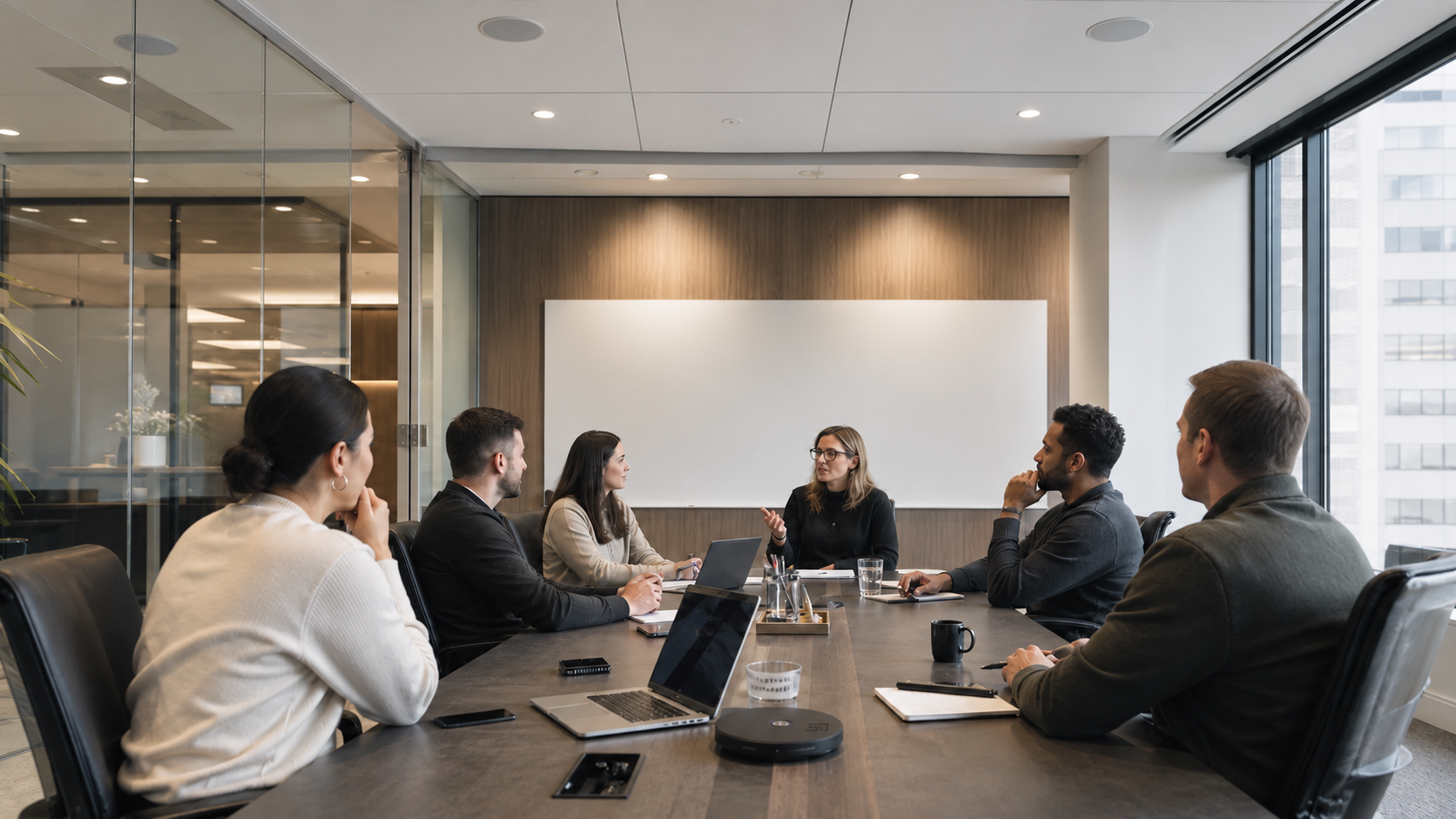 Adults in a commercial meeting with ceiling speakers visible in the meeting room