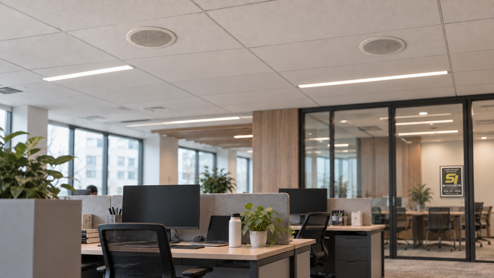Sound masking emitters integrated into an open office ceiling
