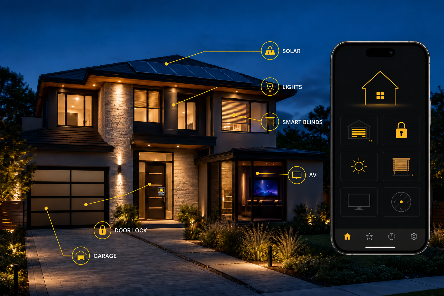 Smart home and phone controls connected to lighting, blinds, home audio, garage access and door locks