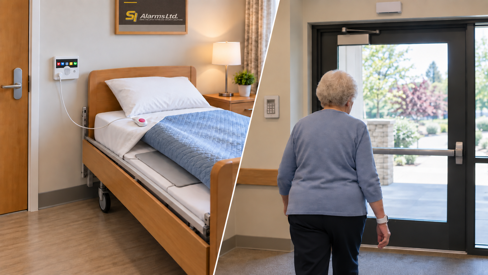 Care bed and nurse call equipment beside a diagonal view of a resident approaching a monitored exit