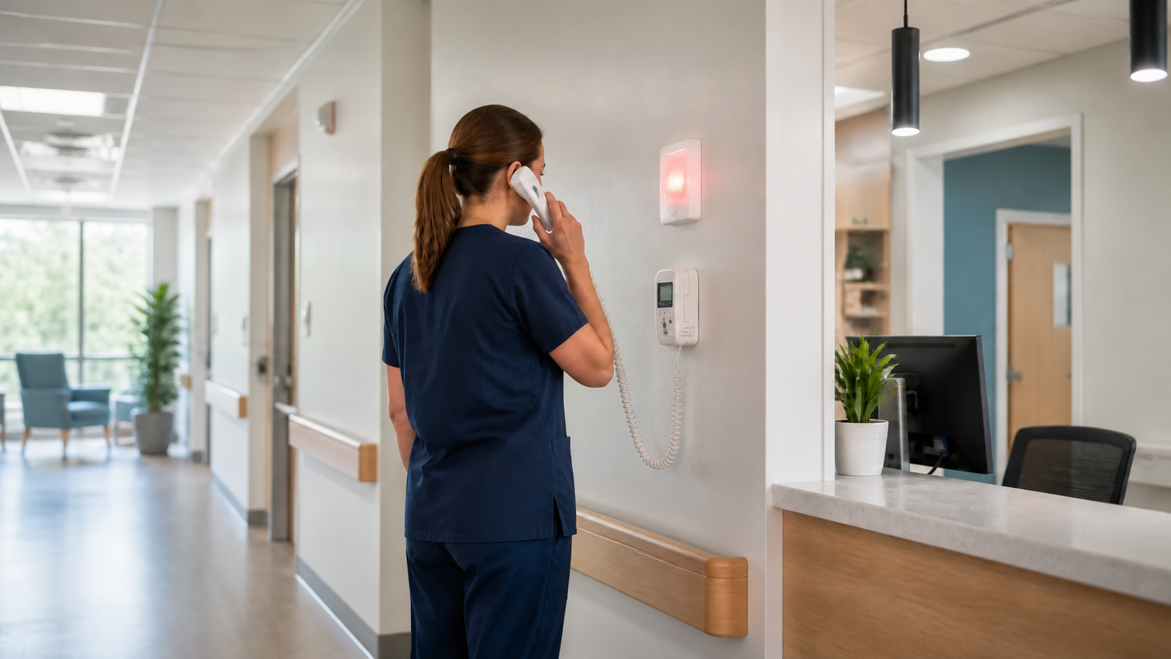 Care staff member responding to a wall call handset beside a public healthcare staff station