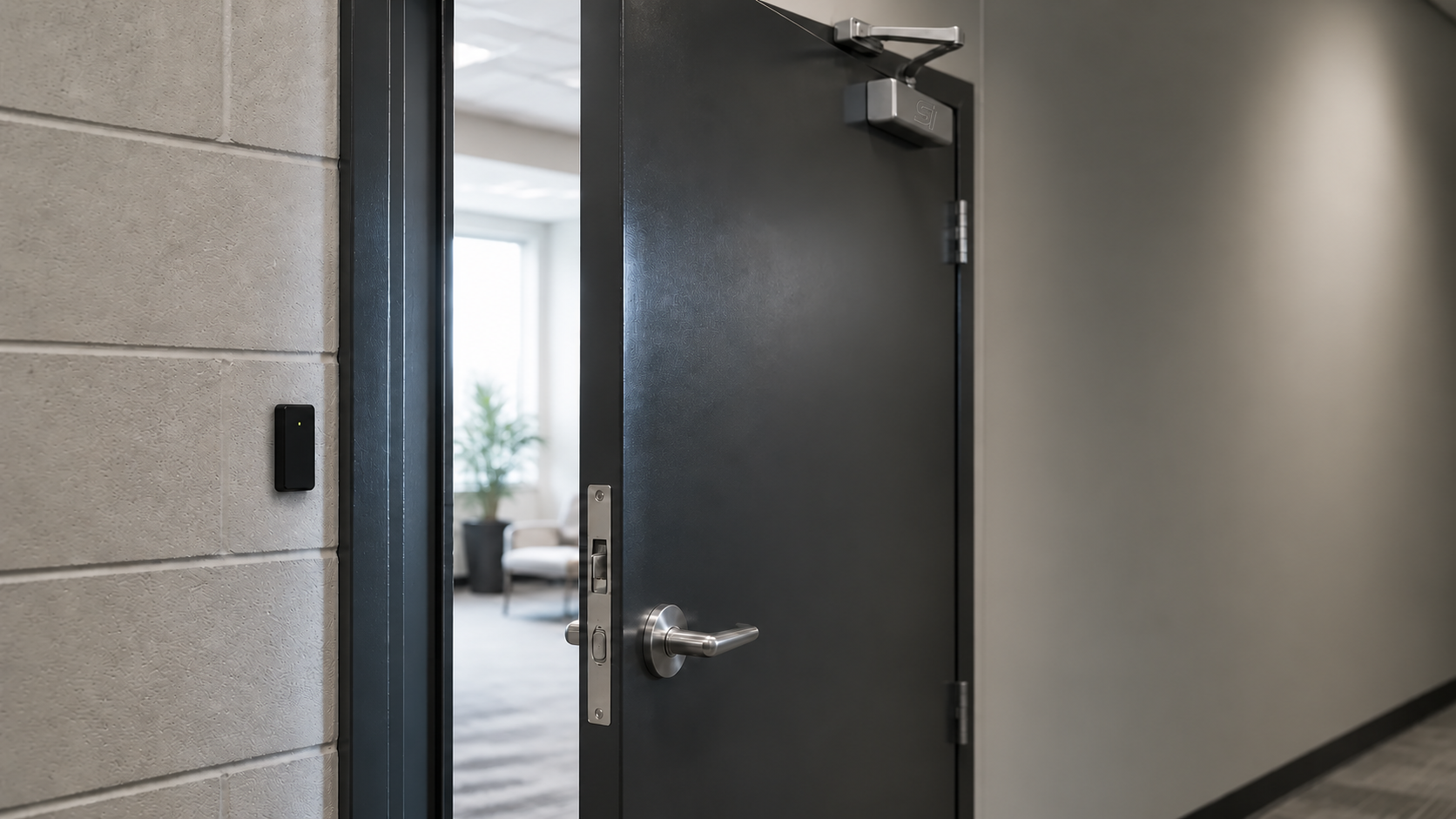 Open commercial door with a mortise lock and an access reader beside the frame