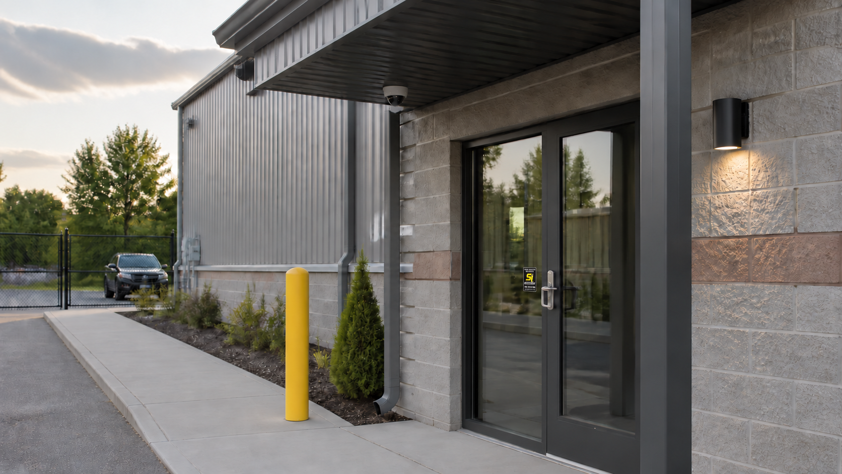 Security camera mounted above a commercial building entrance and exterior approach
