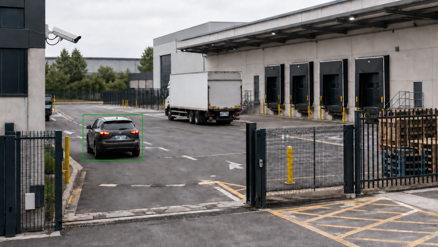 Vehicle entering an industrial property monitored by a security camera