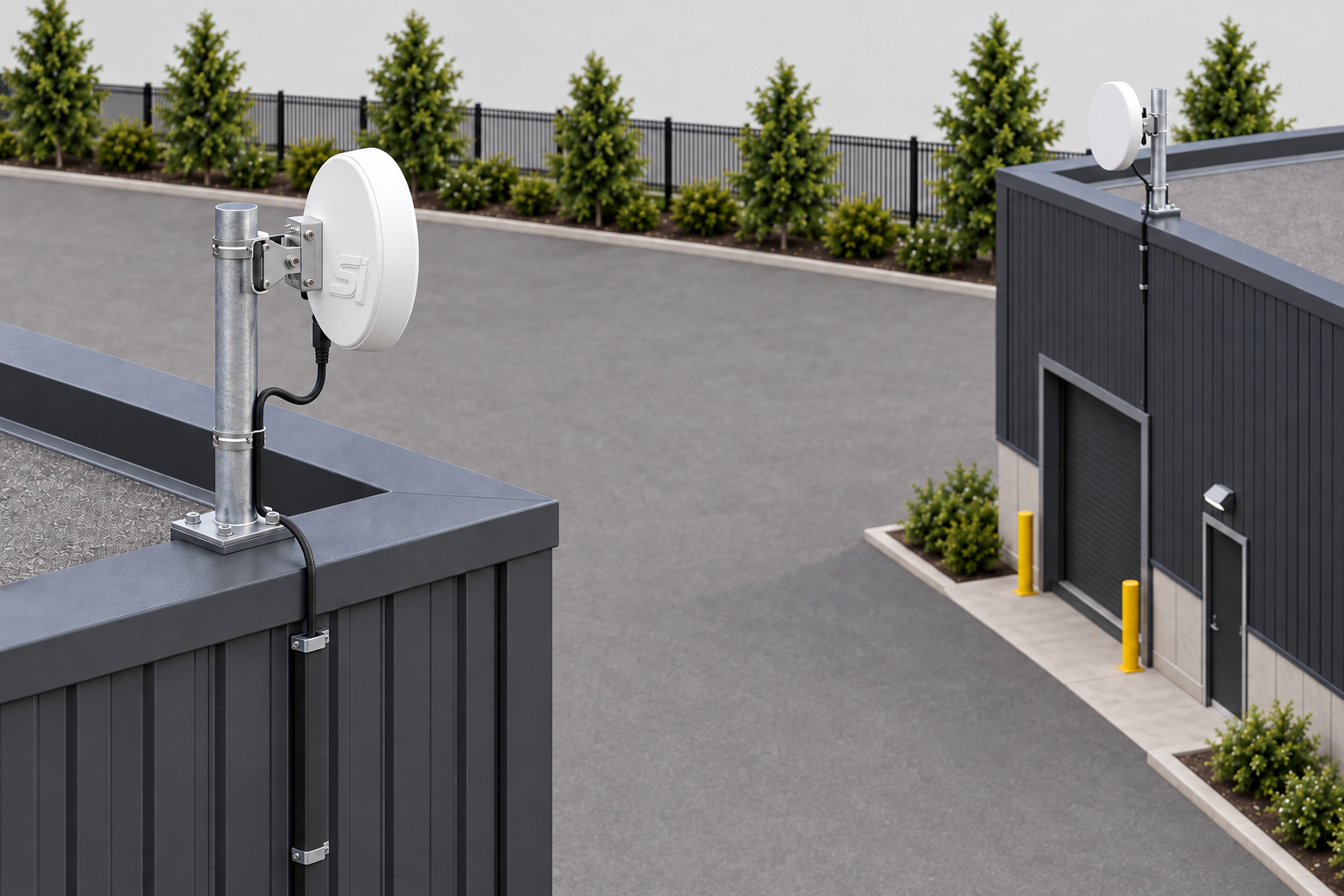 Directional wireless units linking two industrial buildings