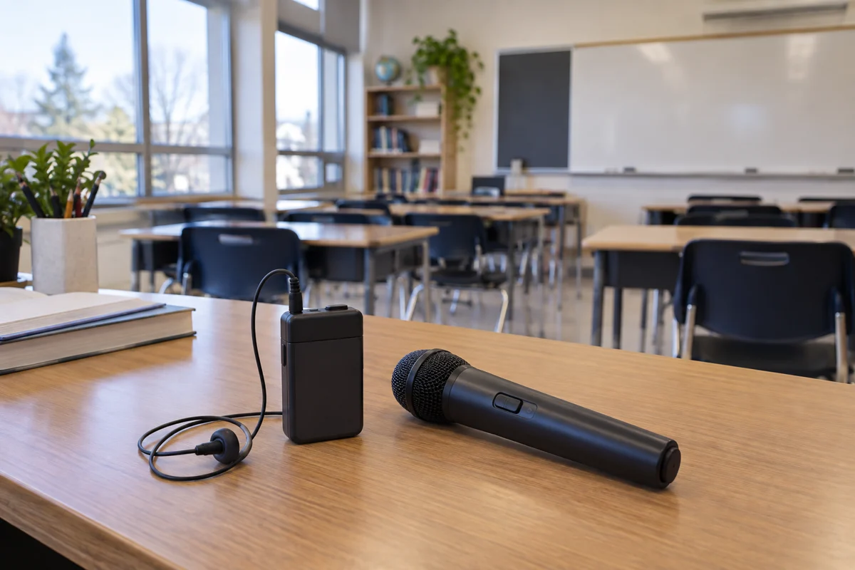 Compatible listening receiver and teacher microphone on a classroom desk