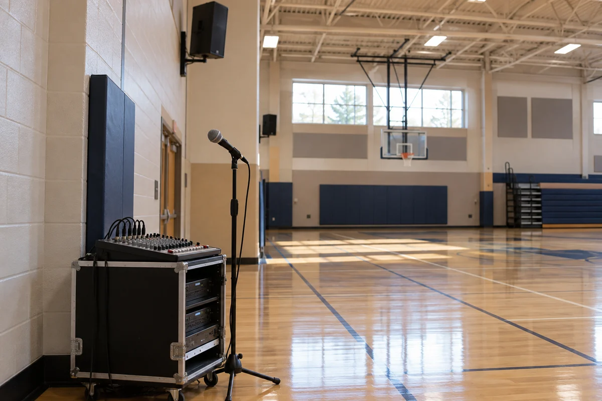School gymnasium with installed sound reinforcement