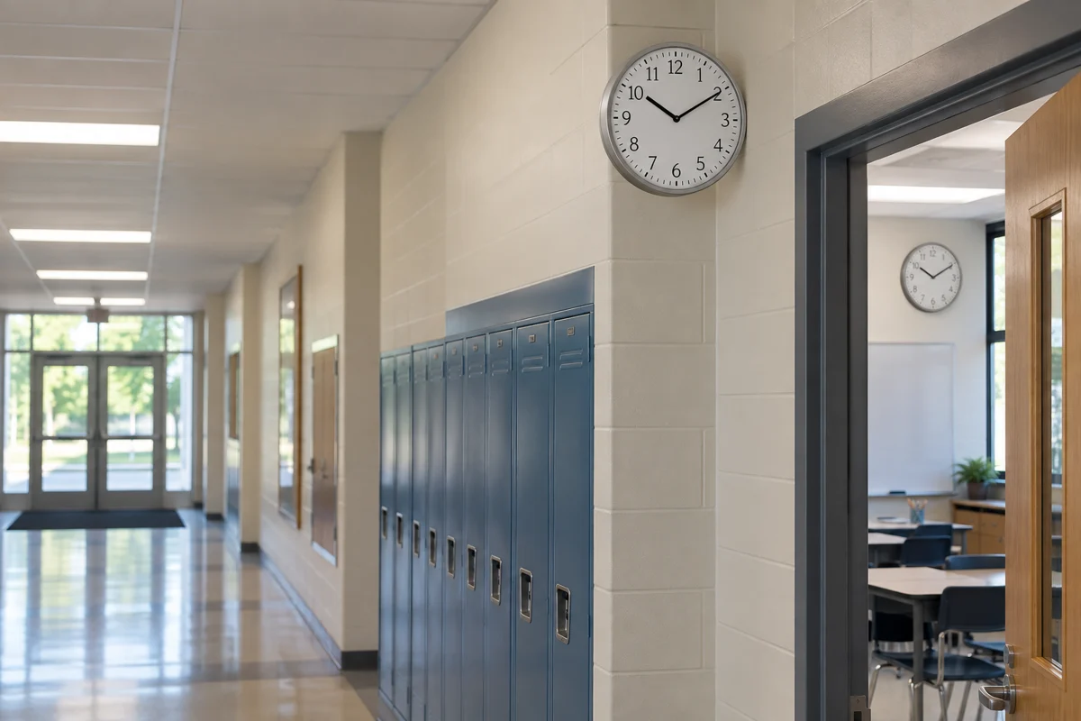 Matching clocks in a school corridor and classroom