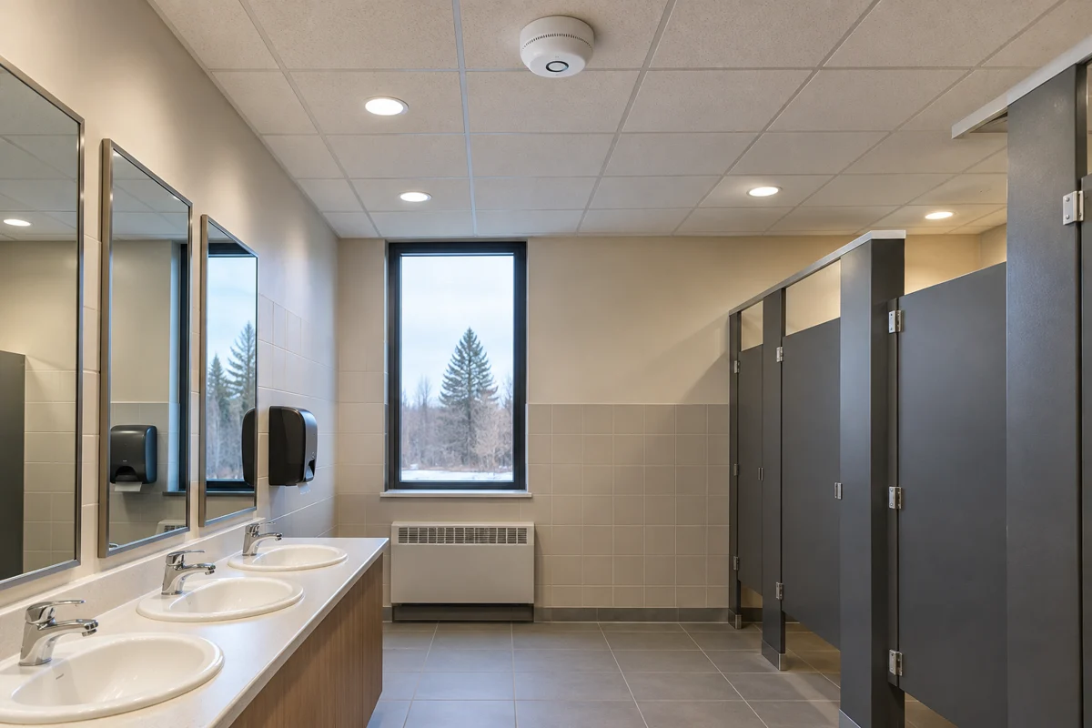 Environmental sensor mounted in a school washroom