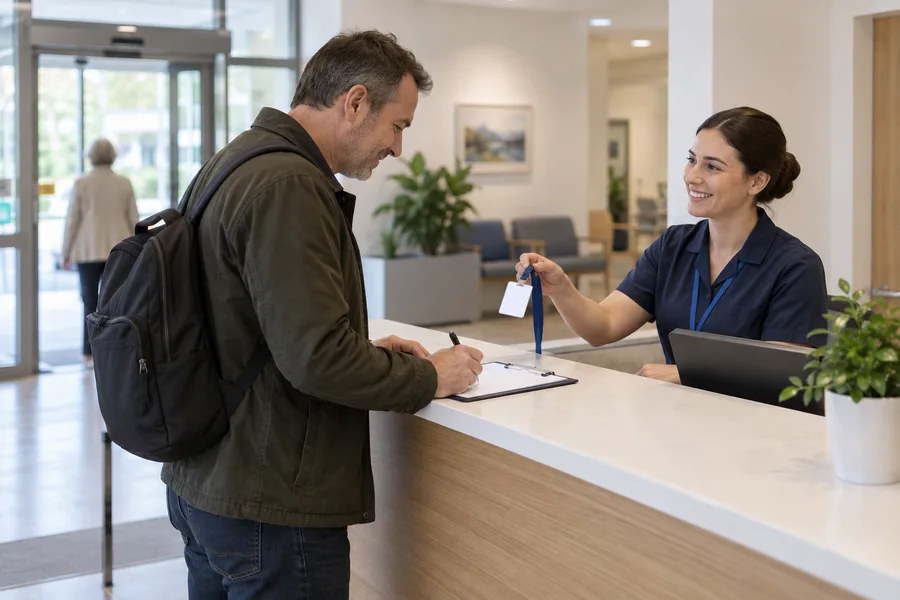 Visitor signing in at a staffed reception desk