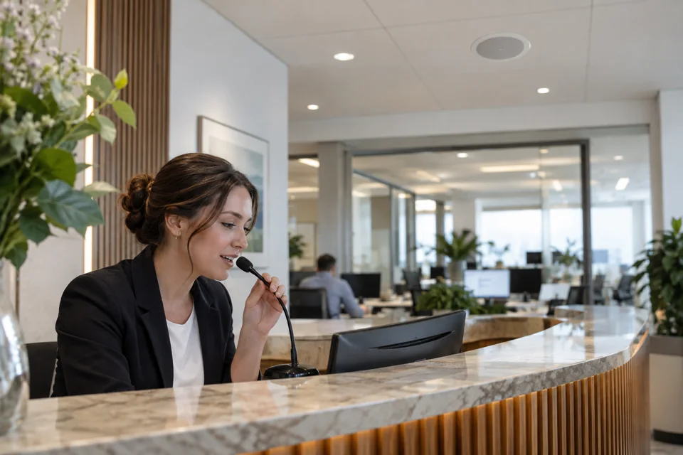 Receptionist using a paging microphone beneath an office ceiling speaker