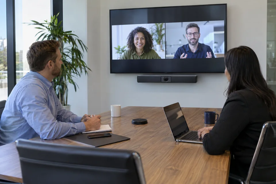 Meeting room with remote participants on a screen and a conferencing camera