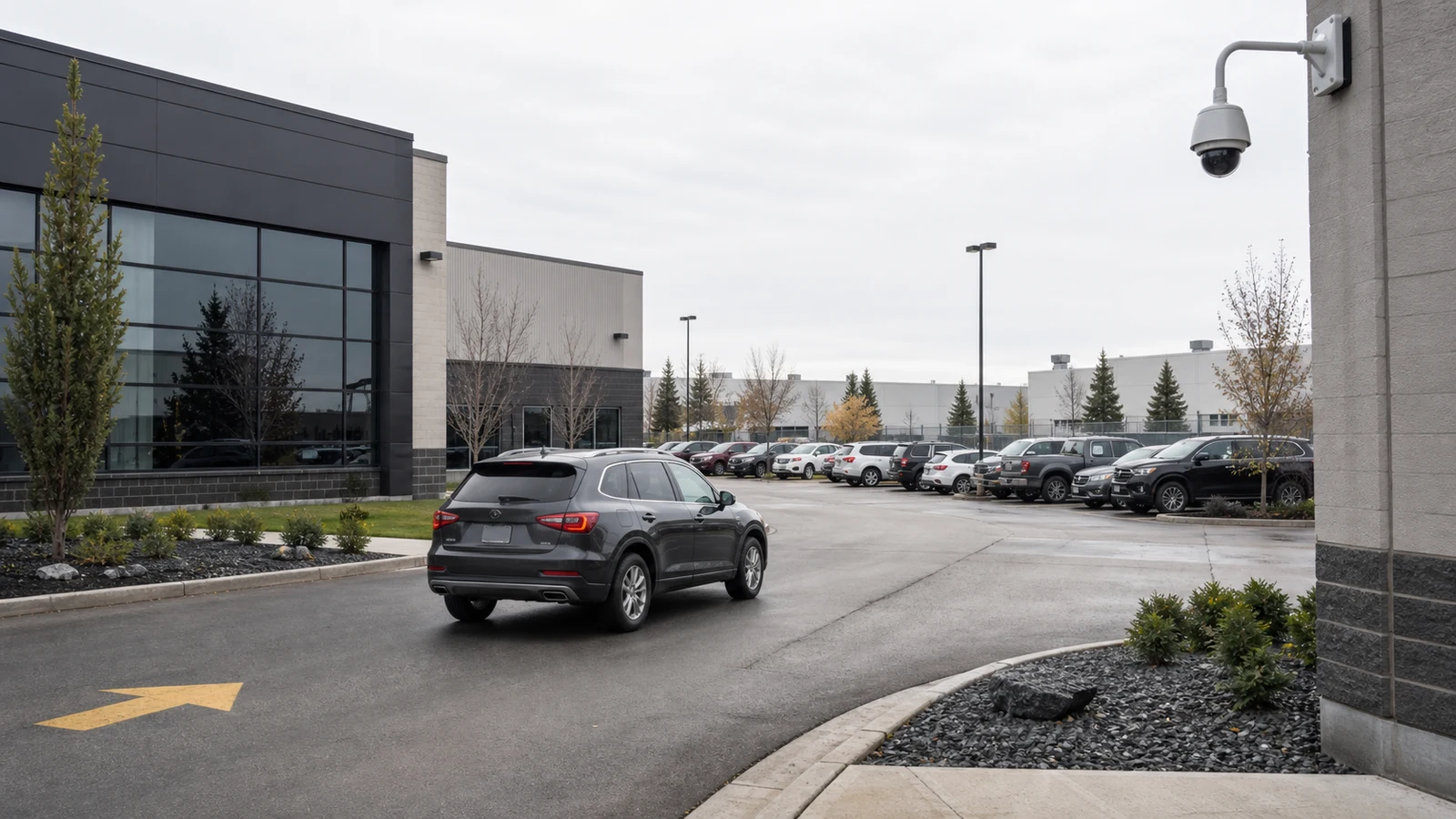 Commercial parking area with a security camera overlooking vehicles and a building approach