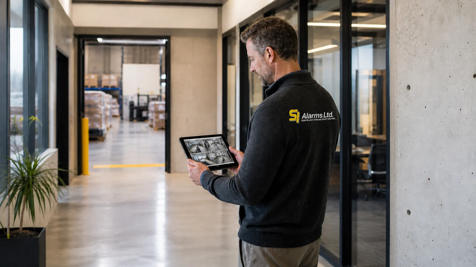 SI Alarms team member reviewing security camera views on a tablet inside a commercial facility