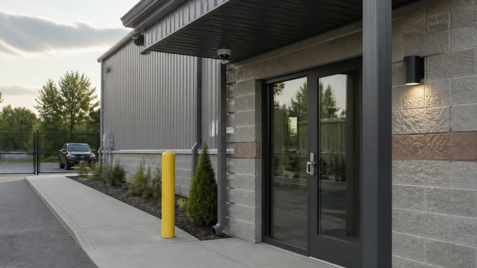 Security camera mounted above a commercial building entrance and exterior approach